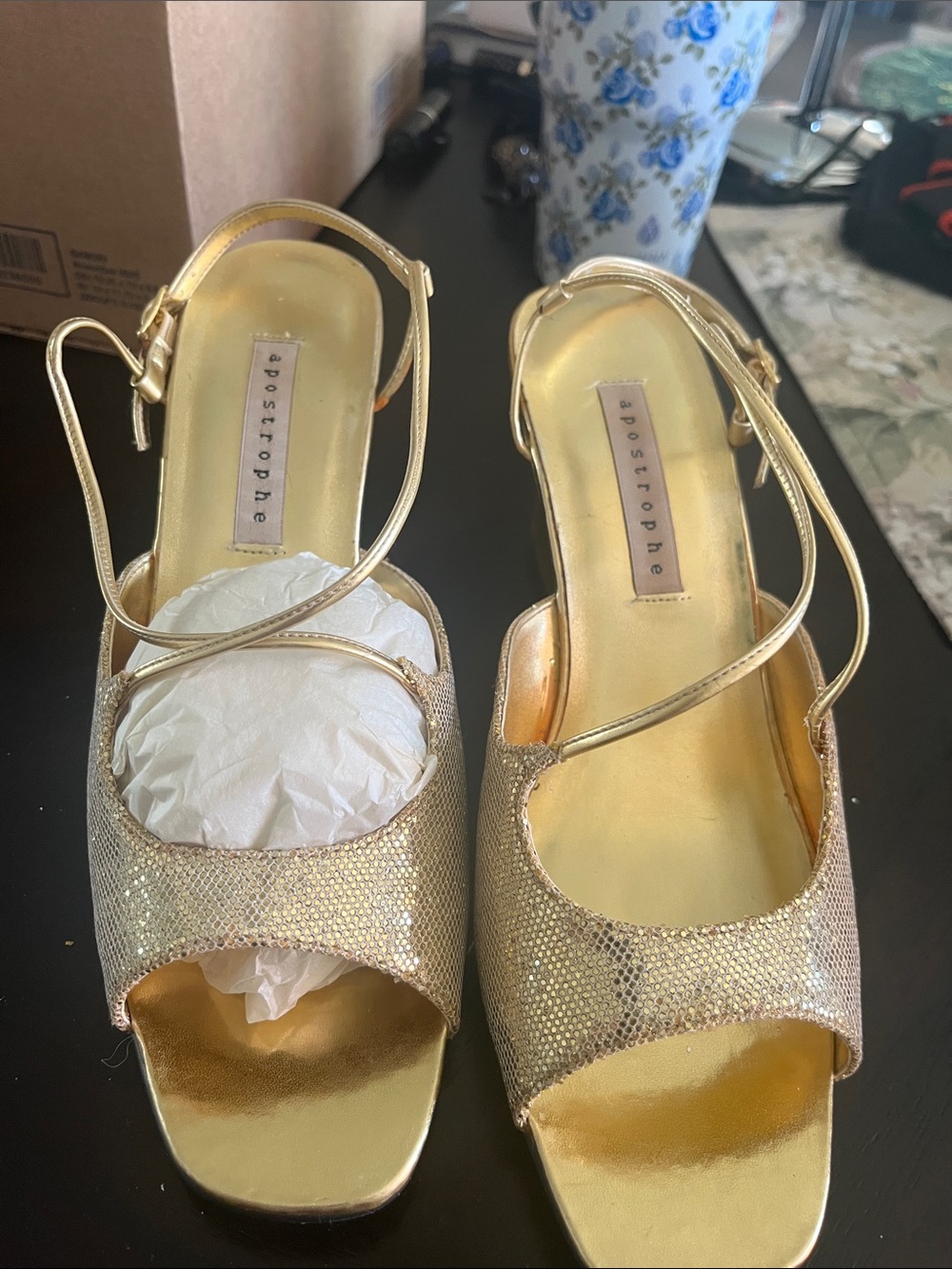 Apostrophe Metallic Gold Slingback Open-Toe Heels